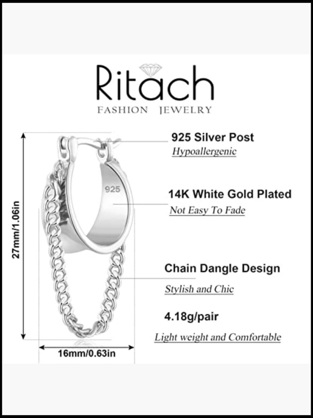 Trendy Chain Tassel Dangle Earrings 925 Sterling Silver Post Hypoallergenic Gift - Picture 2 of 7